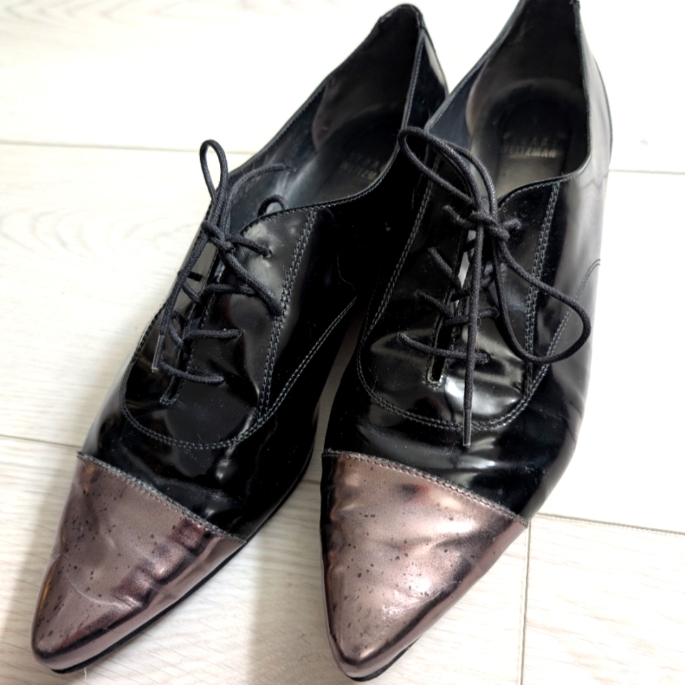 Stuart Weitzman Devon Jet Mirror Patent Leather Pointed Toe Oxford Flats -9.5-